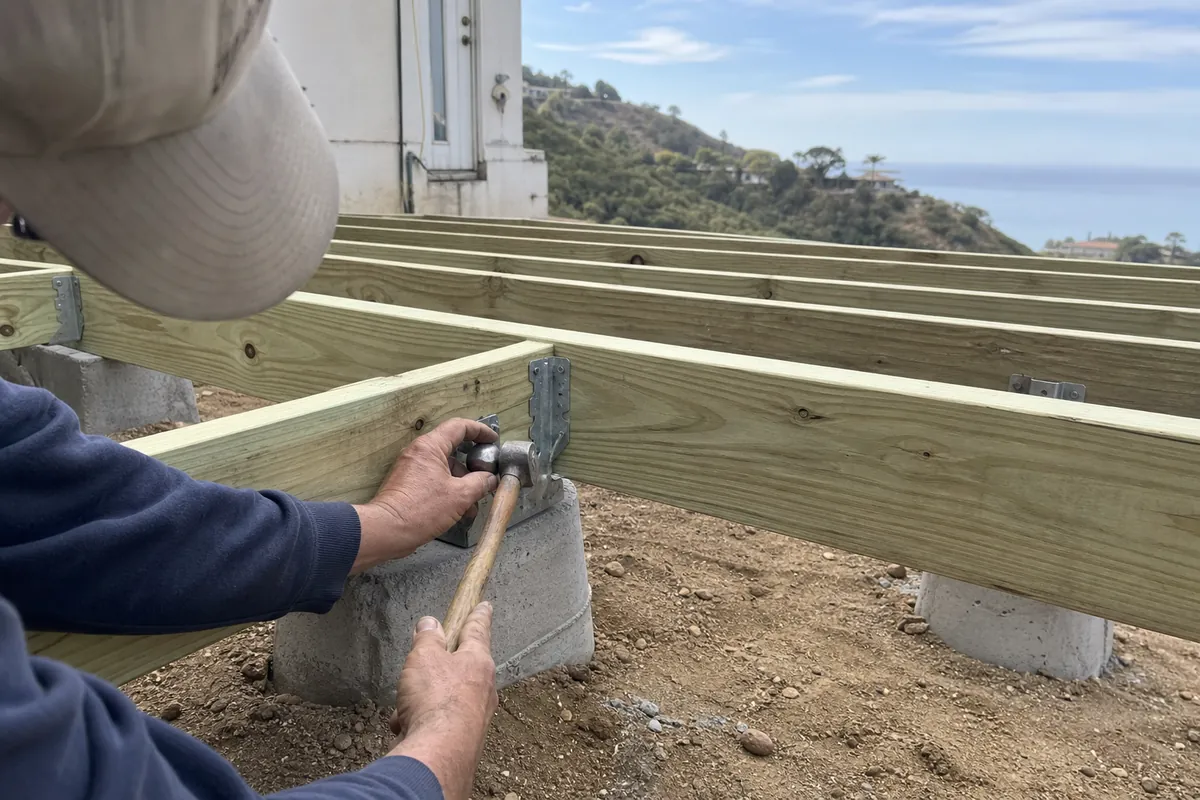 New deck framing with joists and hangers behind a Malibu hillside home