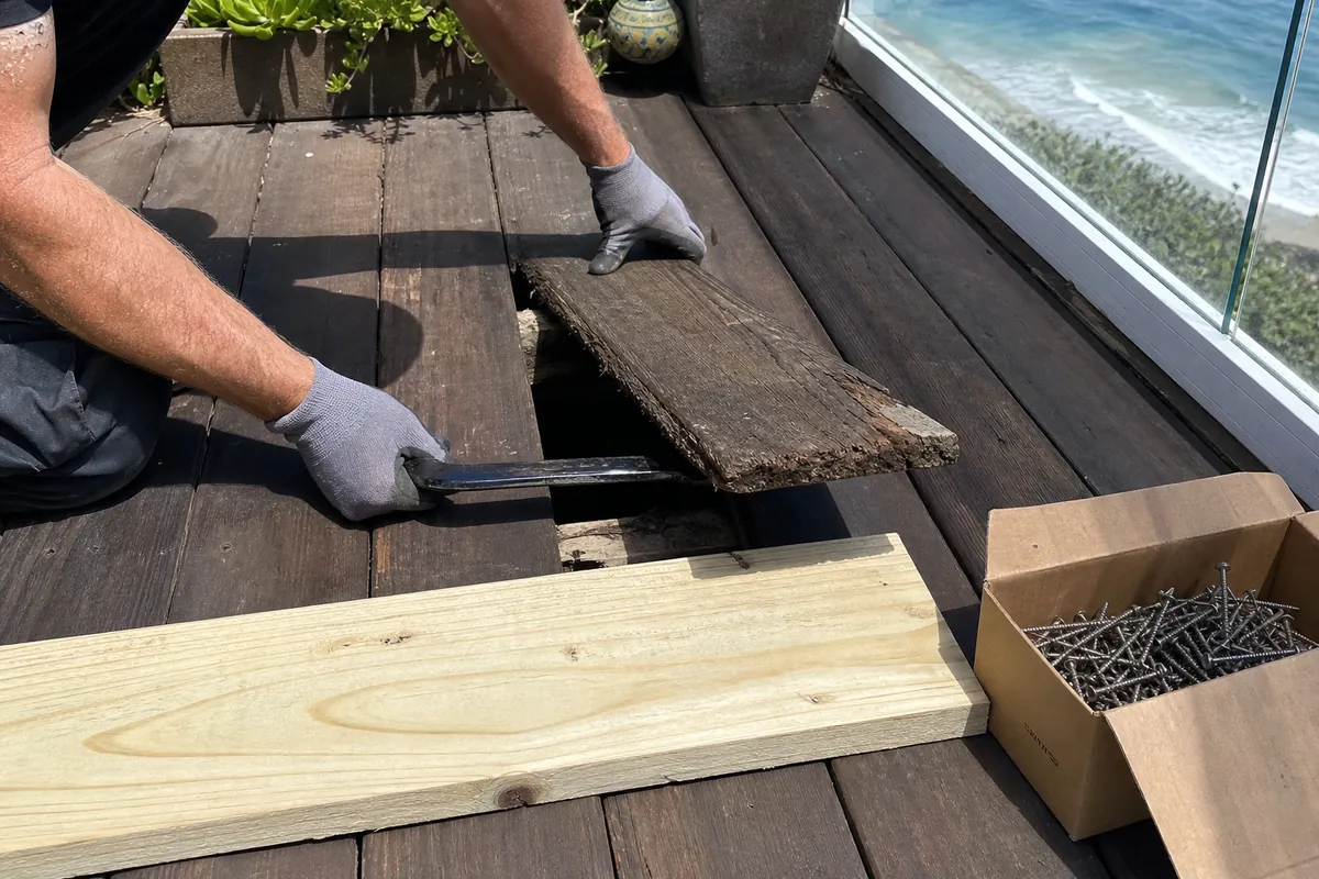 Replacing a rotted deck board on an ocean-view Malibu deck