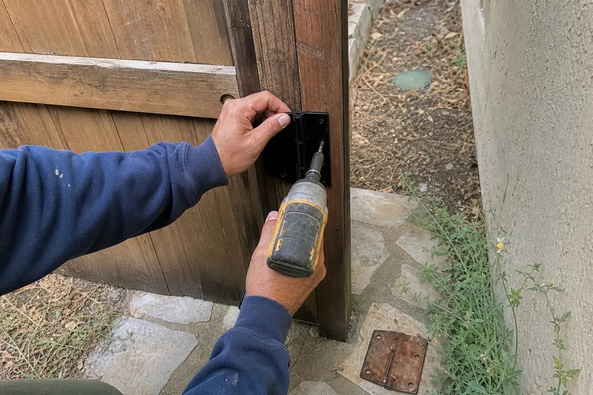 Repairing a sagging wooden gate at a Malibu canyon home