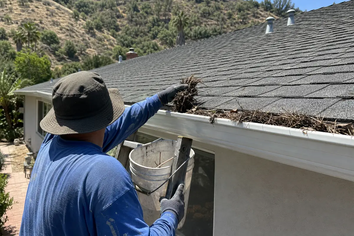Cleaning leaves out of a gutter on a single-story Malibu home
