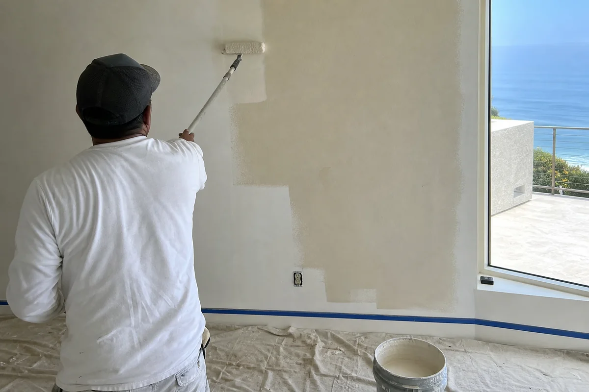 Rolling fresh paint on a living room wall in a Malibu home