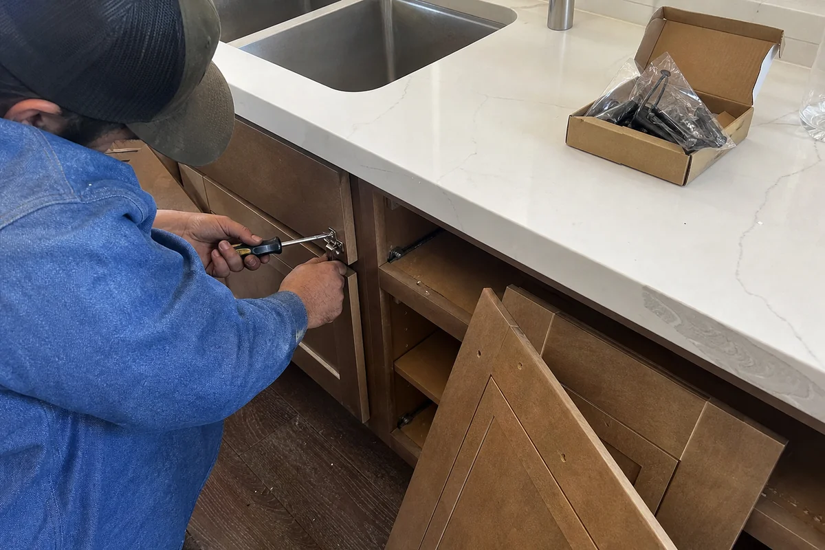 Adjusting cabinet hinges and swapping hardware in a Malibu kitchen