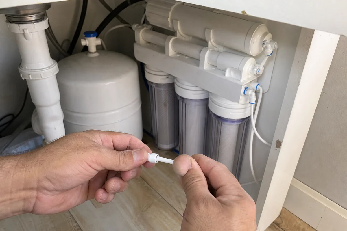 Connecting the tubing on an under-sink reverse osmosis filter system in a Malibu kitchen