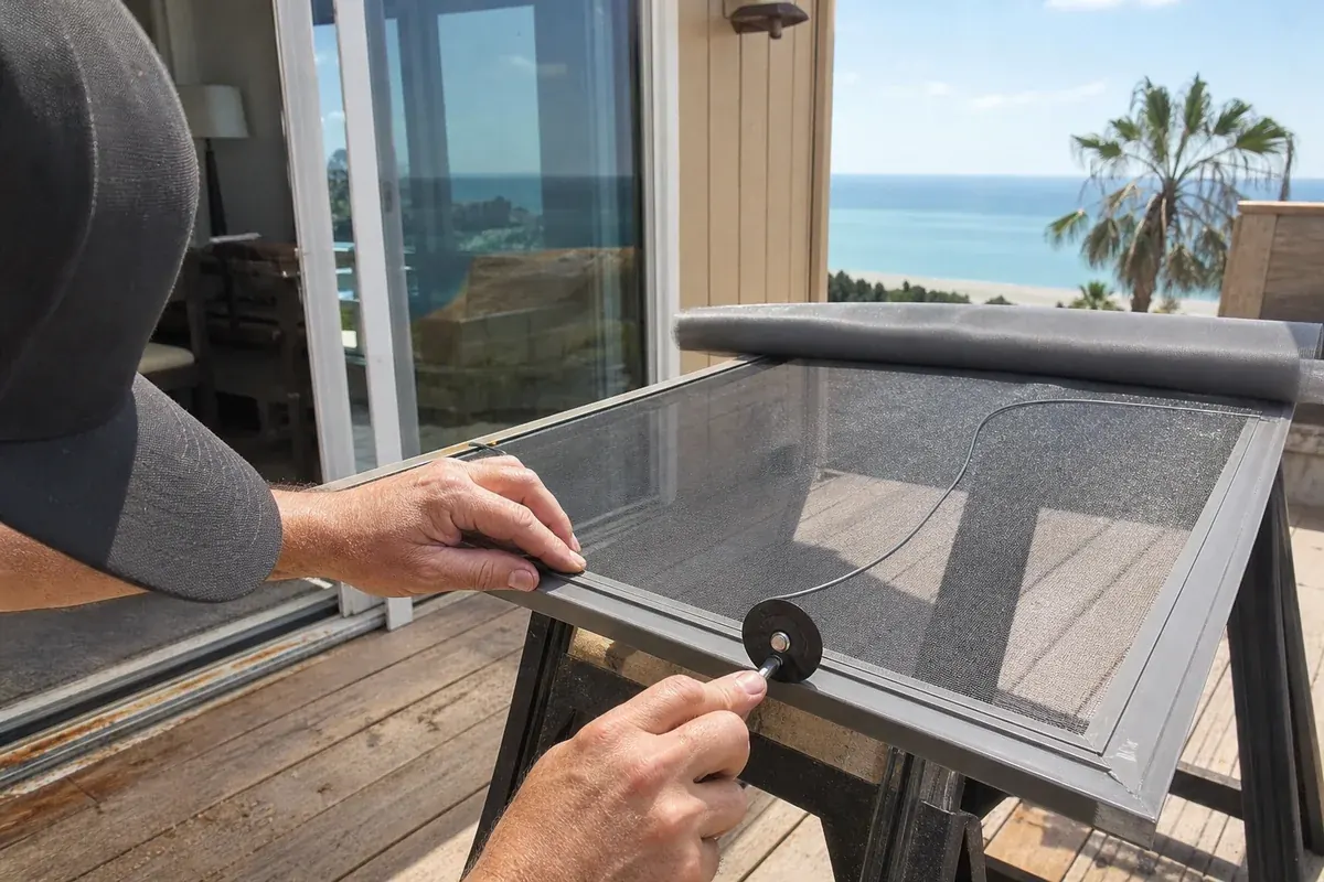 Re-screening a sliding patio screen door on a Malibu deck