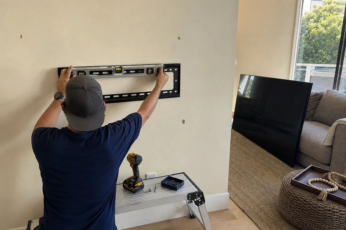 Mounting a TV bracket on a plaster wall in a Malibu family room